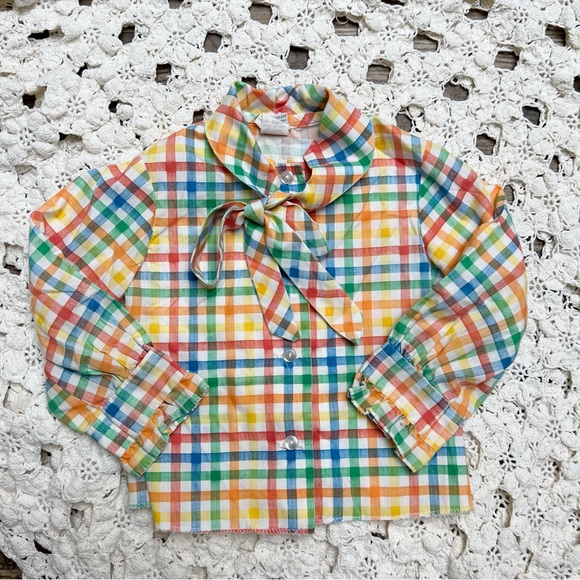 Vintage Other - 1970s Vintage Colorful Gingham Plaid Neck Tie Toddler Button Down Shirt